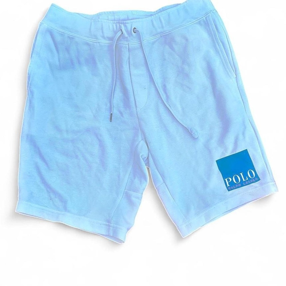 Polo Ralph Lauren White Fleece Sweat Shorts Blue Box Logo Men's Small